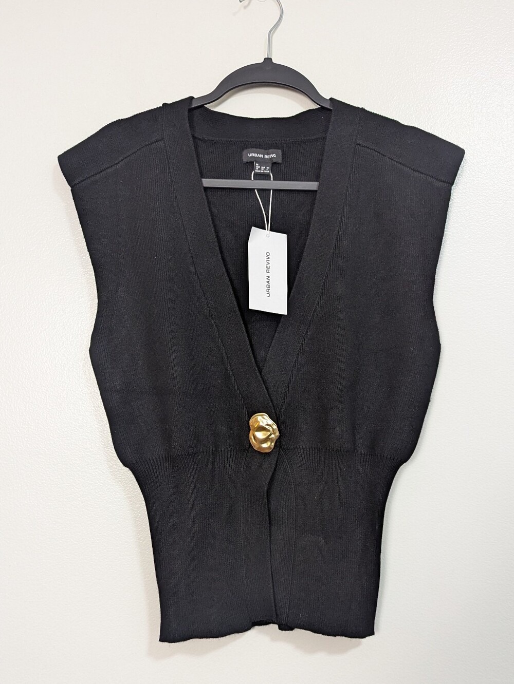 NWT Urban Revivo Size M Black Ribbed V-Neck Sweater Vest Statement Button